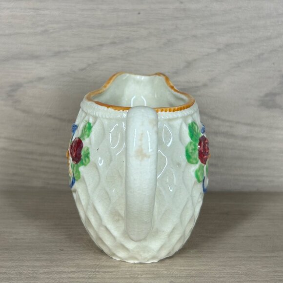Vintage Japanese Creamer Pitcher With Floral Design & Textured Diamond Pattern - Picture 2 of 9